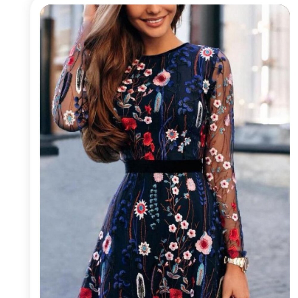Floral Embroidered Mesh Party Dress